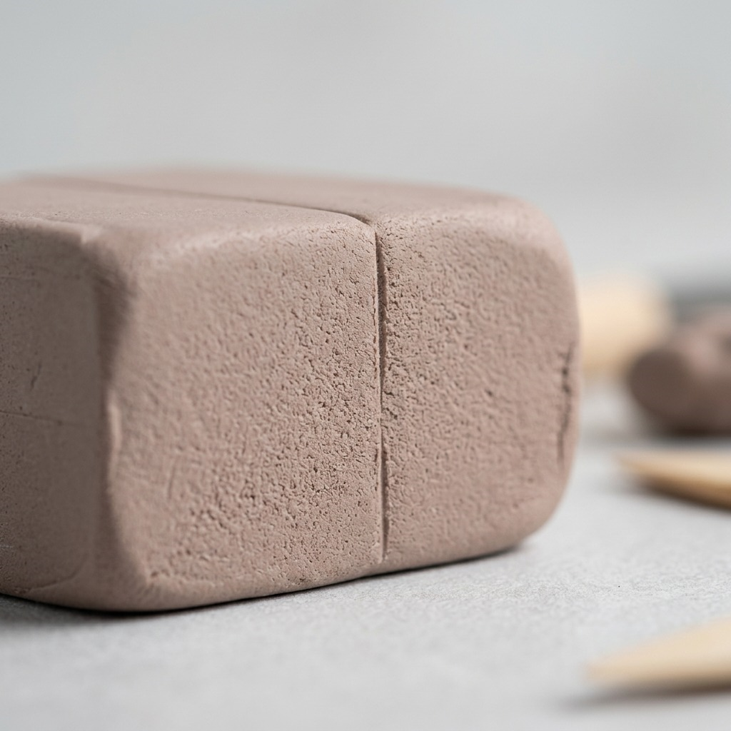 Extreme close-up of a Staedtler FIMO Professional clay block, showing its fine, granular texture and cut edge.