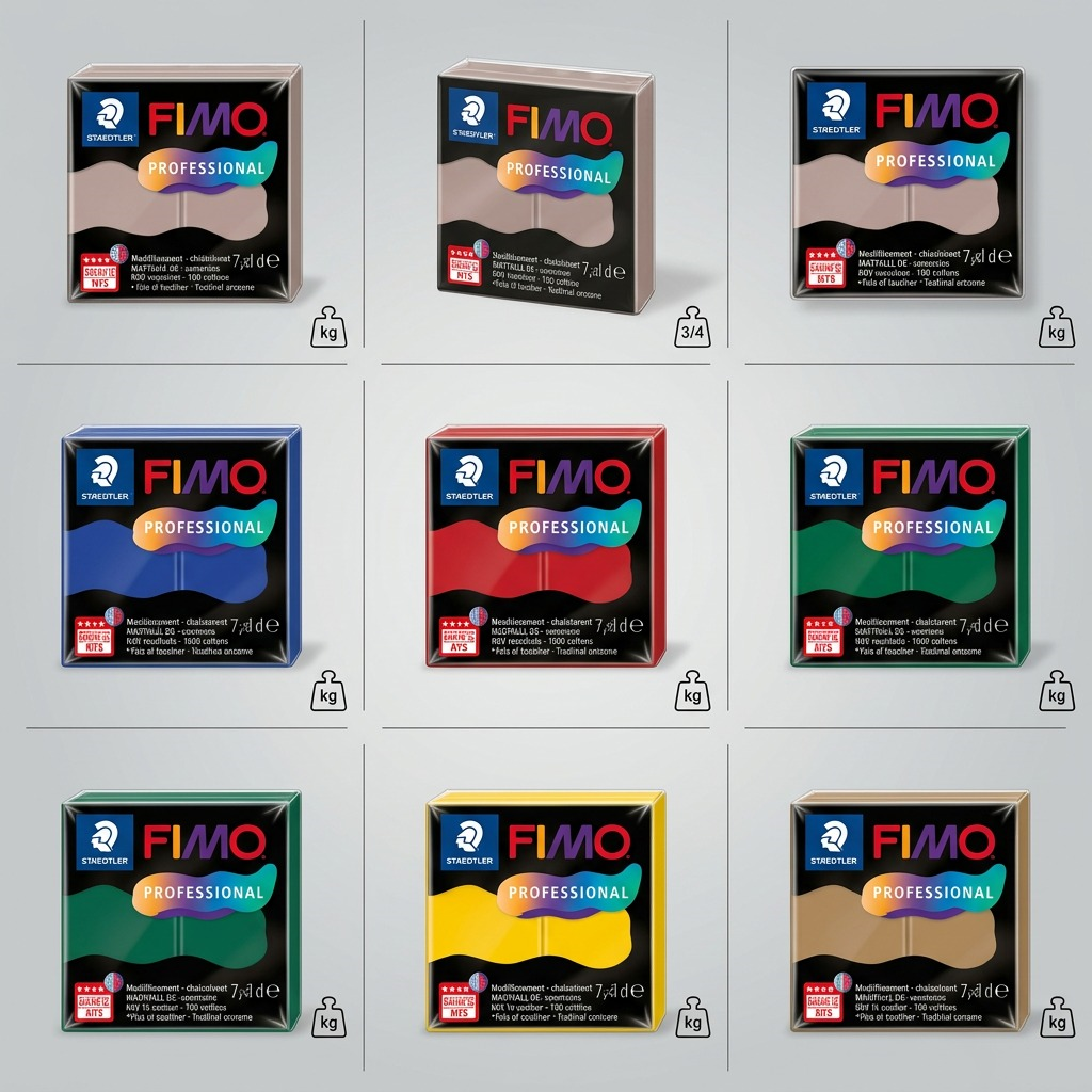A matrix of STAEDTLER Fimo Professional blocks, showing the taupe variant from three angles and four other color variants.