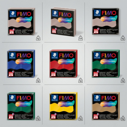 A matrix of STAEDTLER Fimo Professional blocks, showing the taupe variant from three angles and four other color variants.