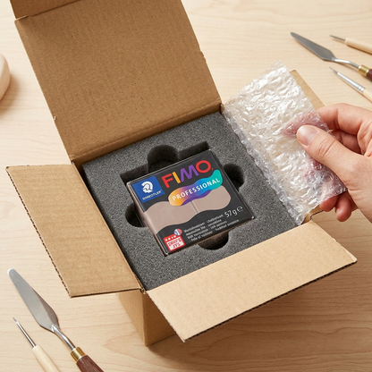 A photo of an opened cardboard shipping box containing a protected FIMO Professional Taupe clay block in foam.