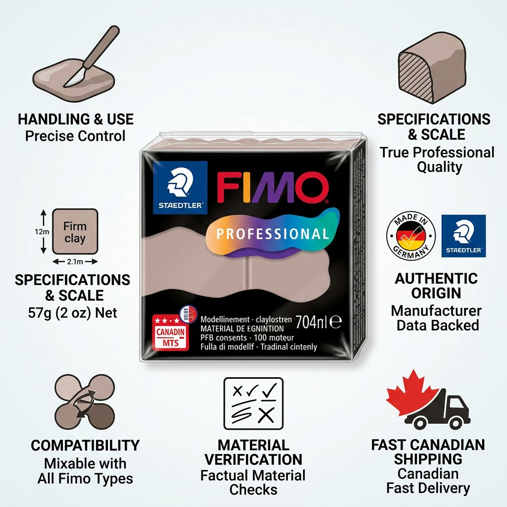 Trust matrix infographic for Fimo Professional Taupe clay. Confirms origin, specifications, and fast Canadian shipping.