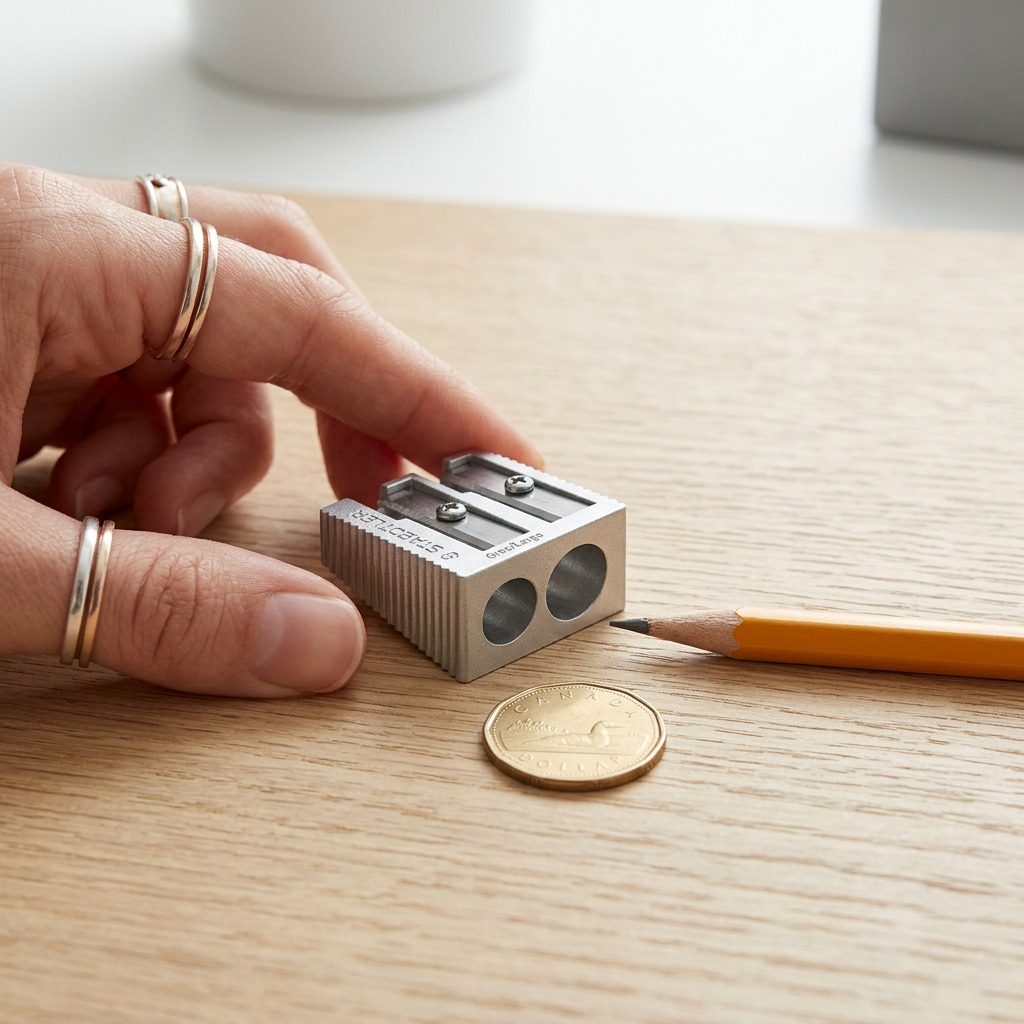 STAEDTLER double-hole sharpener beside a standard pencil and quarter for scale reference.