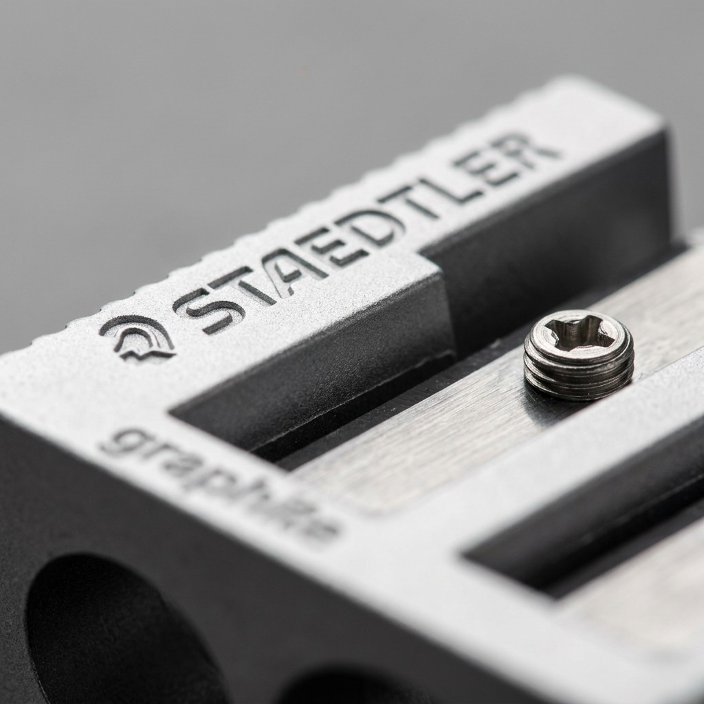 A macro inspection of a STAEDTLER metal sharpener, showing the debossed logo and a screw.