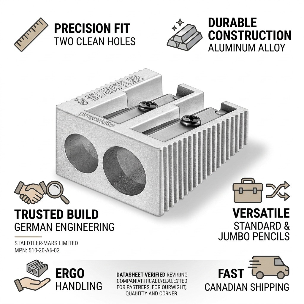 An infographic promoting the quality and features of a STAEDTLER metal pencil sharpener.