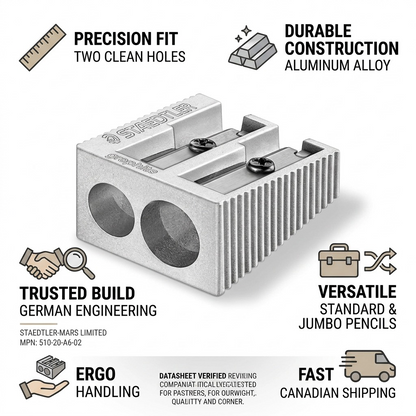 An infographic promoting the quality and features of a STAEDTLER metal pencil sharpener.