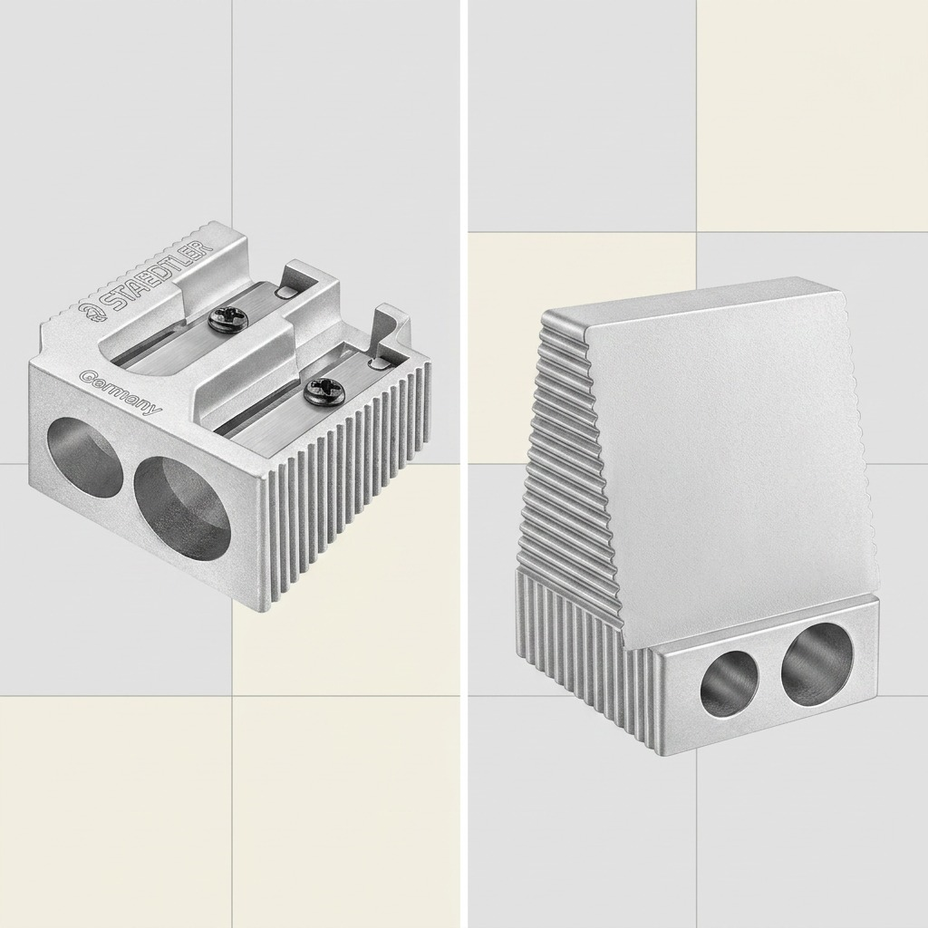 A premium 2-panel ecommerce matrix showcasing the Staedtler dual-hole metal sharpener from two useful angles.