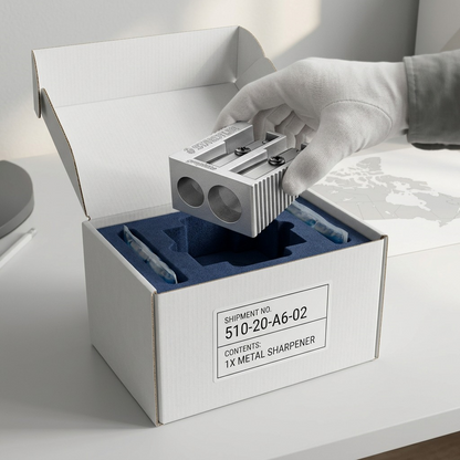 Premium, realistic unboxing of STAEDTLER double-hole sharpener with foam and gel packs.