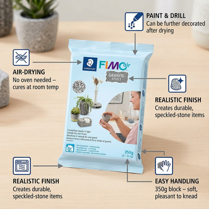 Ecommerce graphic showing STAEDTLER Fimoair Granite Effect with labeled features: Air-Drying, realistic finish, and easy handling.