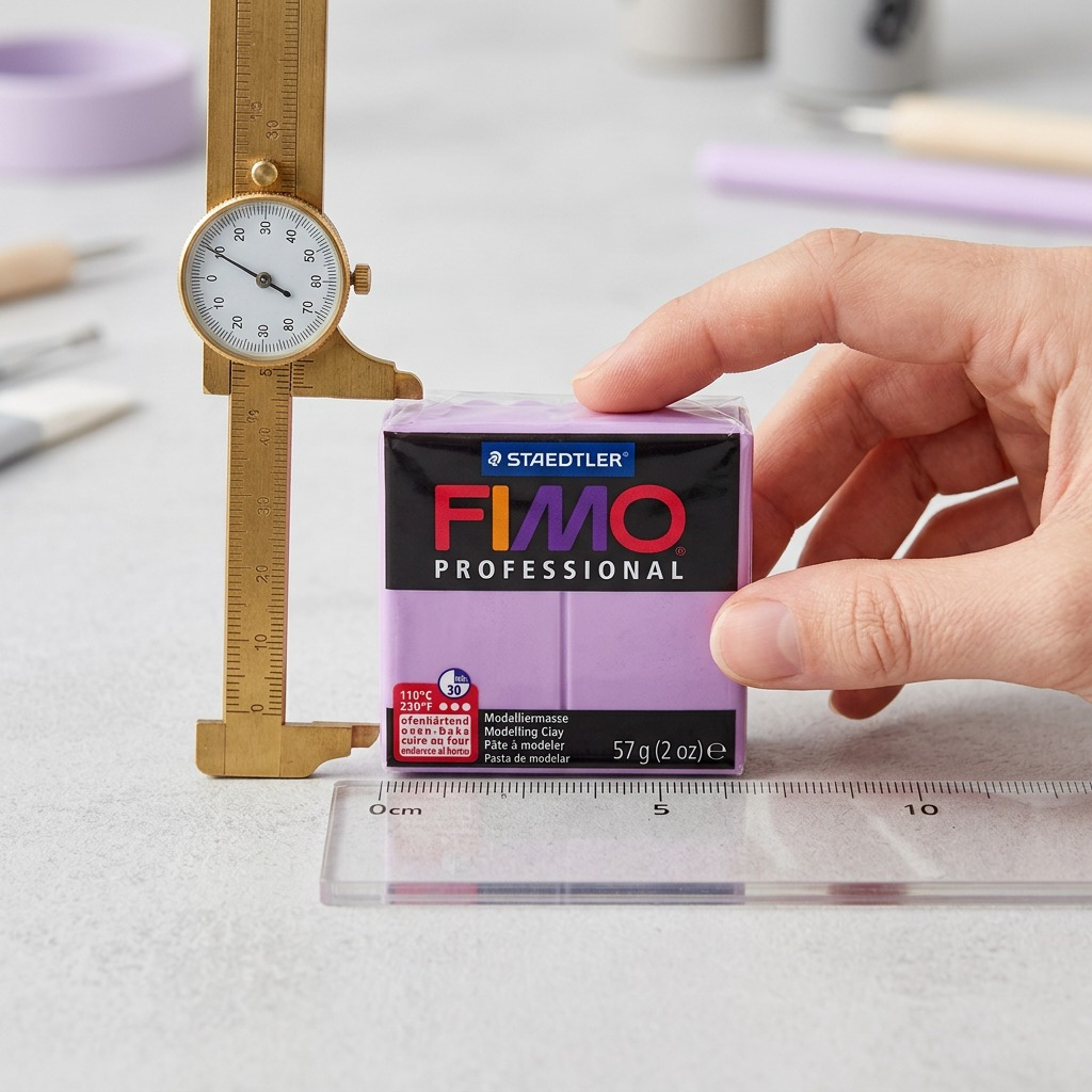 A side-by-side photograph showing the Fimo Professional block next to a standard plastic ruler, illustrating its compact size.