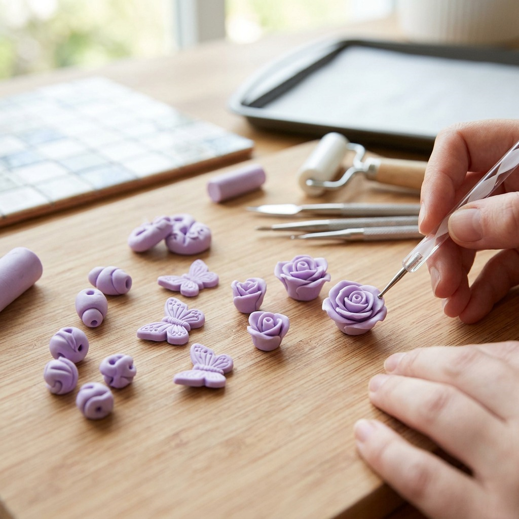 A lifestyle image showing small, detailed lavender-colored FIMO clay miniatures of flowers and butterflies being sculpted with precision tools on a clean wooden workbench with natural light.