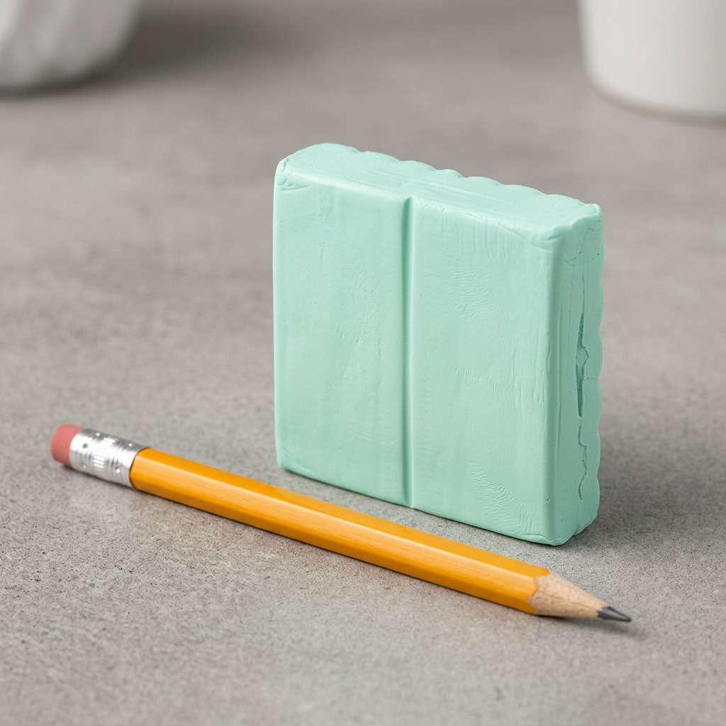 A detailed studio photograph shows the STAEDTLER Fimo Soft Mint 57g modeling clay brick standing upright on a white surface, positioned directly beside a standard wooden HB pencil for size comparison.