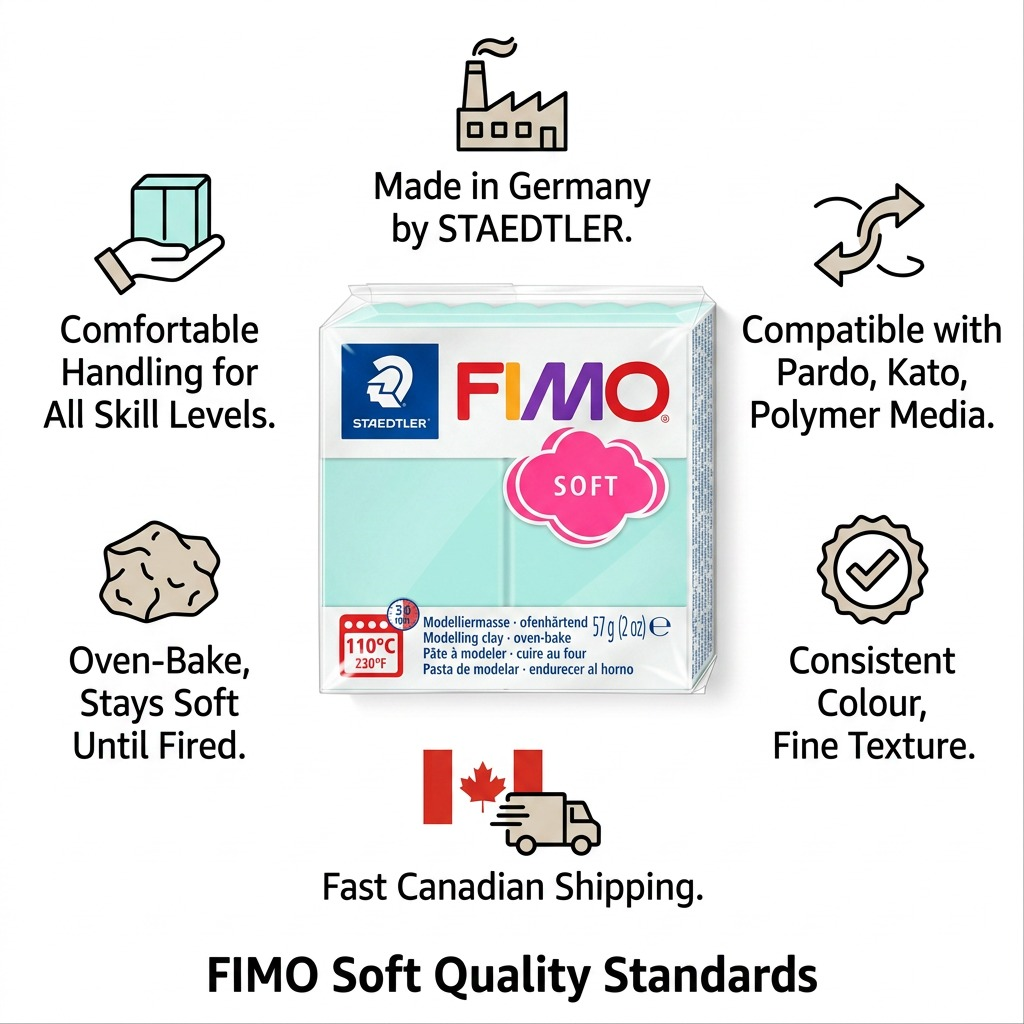 An infographic featuring STAEDTLER FIMO Soft Mint with icons for quality and shipping.