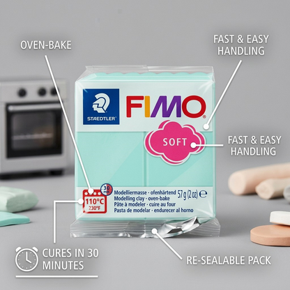 Operational feature graphic showing calls over a package of Fimo Soft Mint clay, explaining baking and softening.