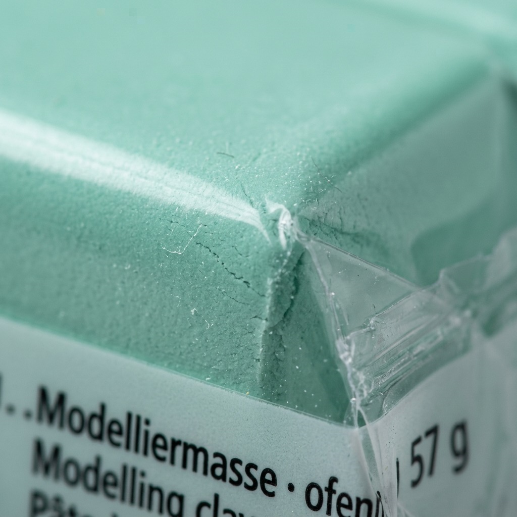 Extreme macro detail of the soft texture and precise printed text on the mint Fimo clay.