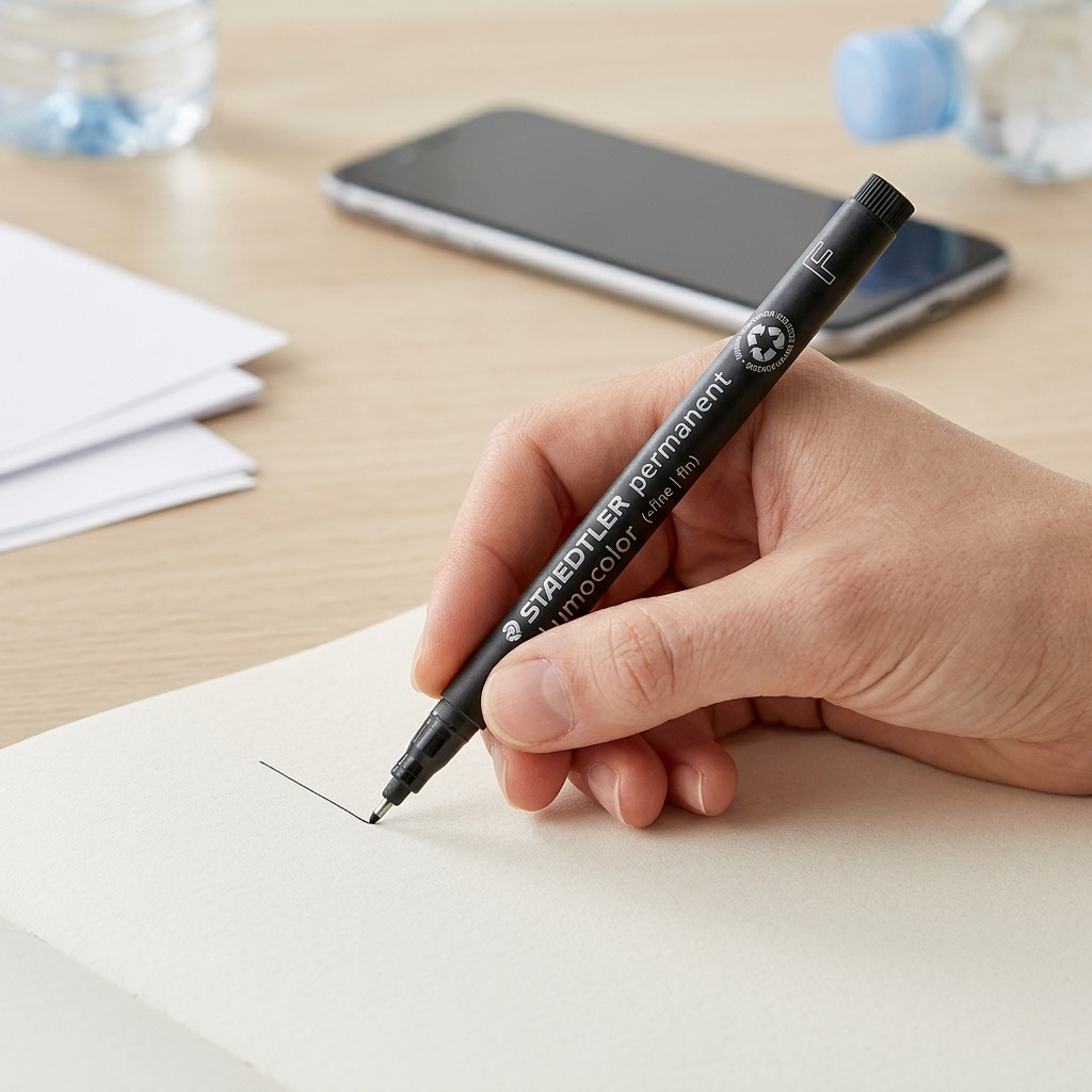 A scale comparison image shows a single STAEDTLER marker held by a hand and used for writing, highlighting its true size.
