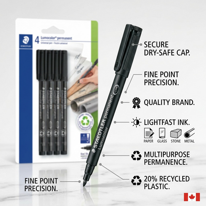 An ecommerce PDP callout matrix for 4 Staedtler Lumocolor fine black markers, with lines detailing 6 benefits like lightfastness and versatile use on surfaces. Canadian flag present. (98 characters)