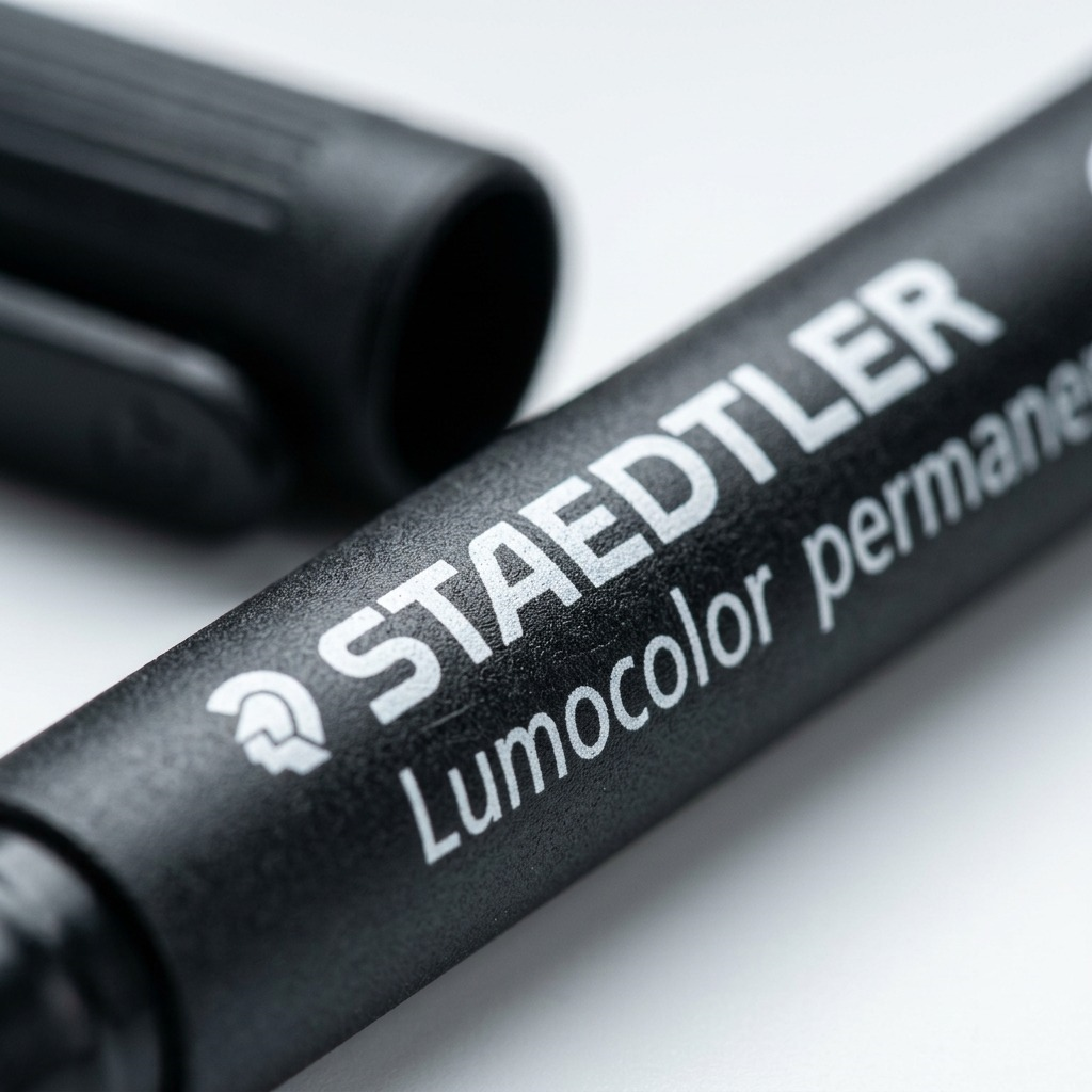 Macro shot showing the matte plastic texture and crisp logo print of a STAEDTLER Lumocolor marker.