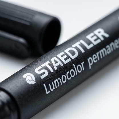 Macro shot showing the matte plastic texture and crisp logo print of a STAEDTLER Lumocolor marker.