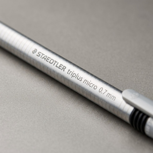 Macro close-up of STAEDTLER triplus micro pencil barrel, focusing on precision text and grip texture.