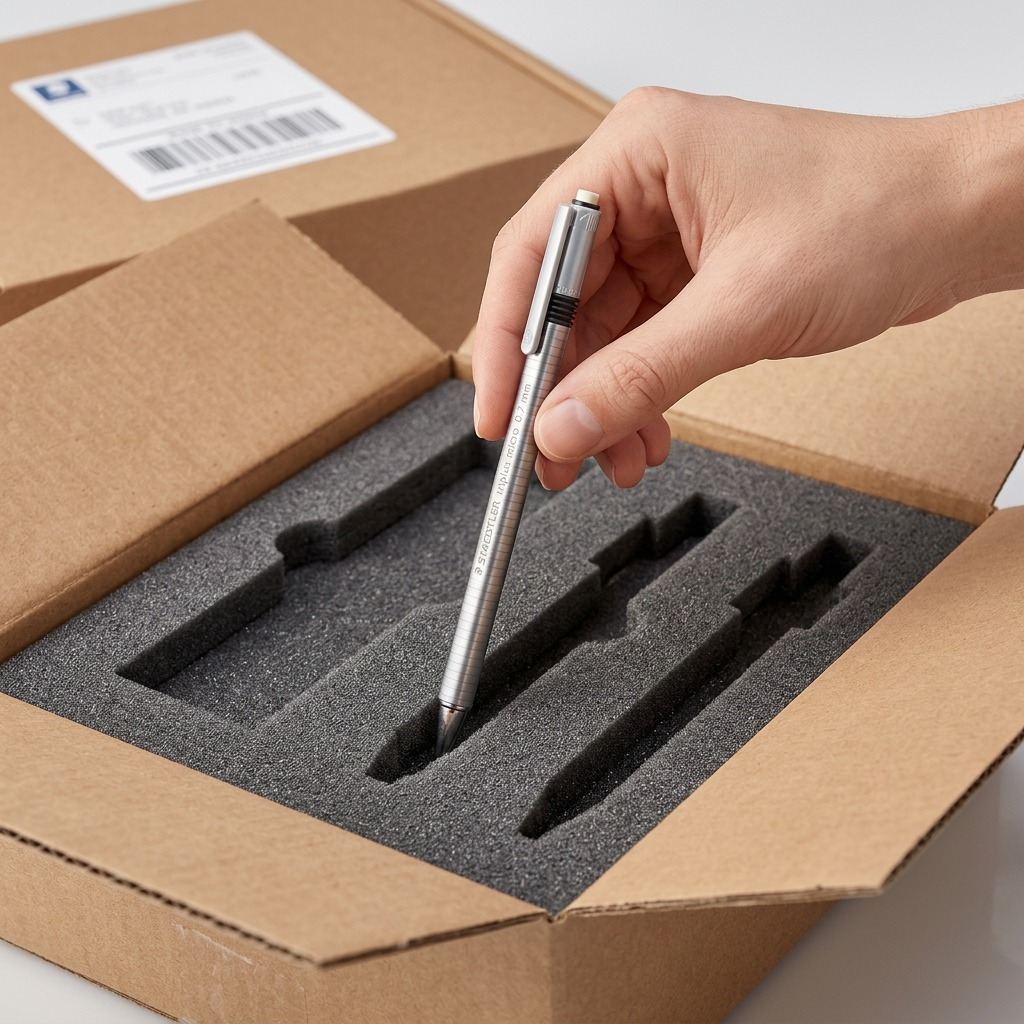 A close-up photograph shows a hand gently lifting the STAEDTLER Triplus Micro 0.7mm from a protective foam shipping insert.