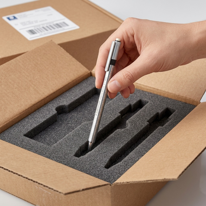 A close-up photograph shows a hand gently lifting the STAEDTLER Triplus Micro 0.7mm from a protective foam shipping insert.