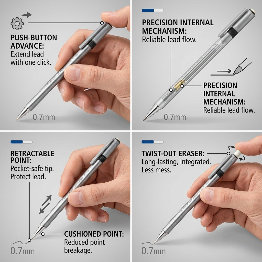 A polished PDP feature Matrix illustrating four key operational callouts for the STAEDTLER triplus micro 0.7mm pencil: Push-button advance, internal mechanism, retractable point, and twist-out eraser. Each section uses a clean inset photo, minimal pointer lines, and short, factual benefits-driven descriptions. The style is neutral ecommerce.