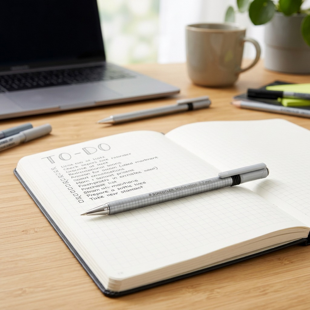 A lifestyle photo showing the Staedtler Triplus Micro 0.7mm mechanical pencil in a realistic office setting on a desk.