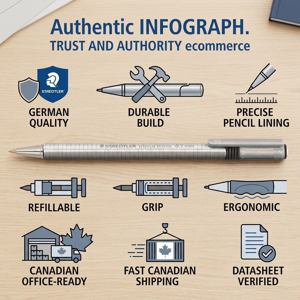 PDP infograph of STAEDTLER mechanical pancil with icons for build quality, fast Canadian shipping, and authentic components.
