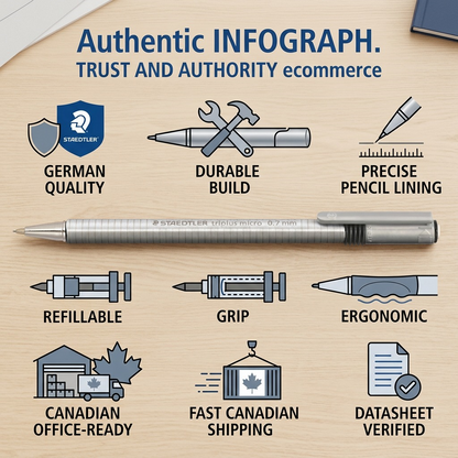 PDP infograph of STAEDTLER mechanical pancil with icons for build quality, fast Canadian shipping, and authentic components.