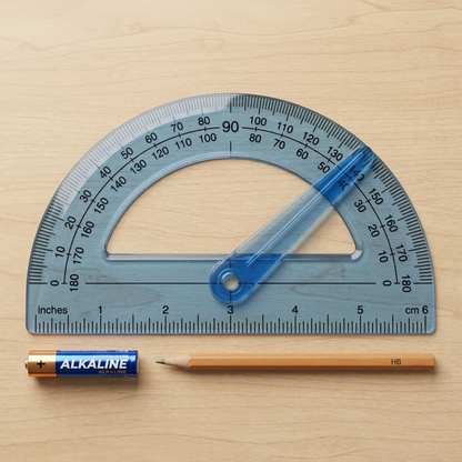 Product detail page image: STAEDTLER Protractor, 6" with arm BK shown full size next to a standard AA battery.