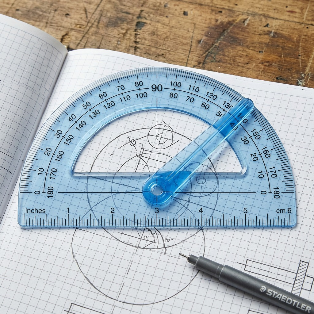 A candid photo of the blue STAEDTLER protractor and arm resting on top of a hand-drawn engineering diagram on a gridded drafting textbook, positioned next to a technical pencil. Natural desk lighting from the left.