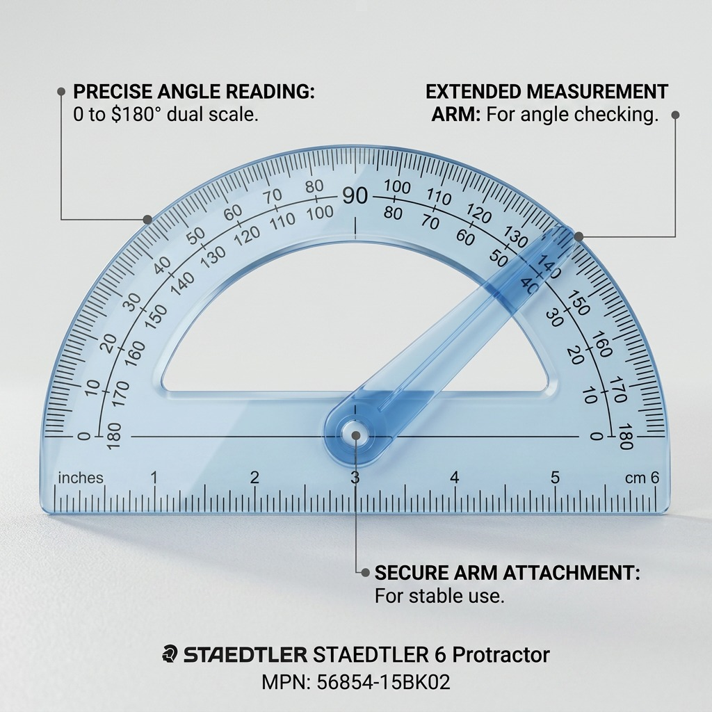 A 6-inch blue translucent STAEDTLER protractor with its swing arm is displayed on a clean surface, featuring informative labels pointing to its measuring capabilities.
