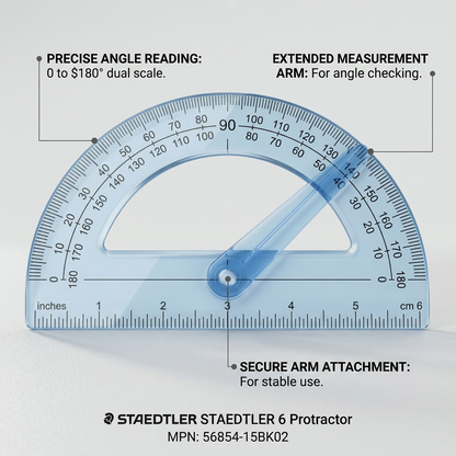 A 6-inch blue translucent STAEDTLER protractor with its swing arm is displayed on a clean surface, featuring informative labels pointing to its measuring capabilities.