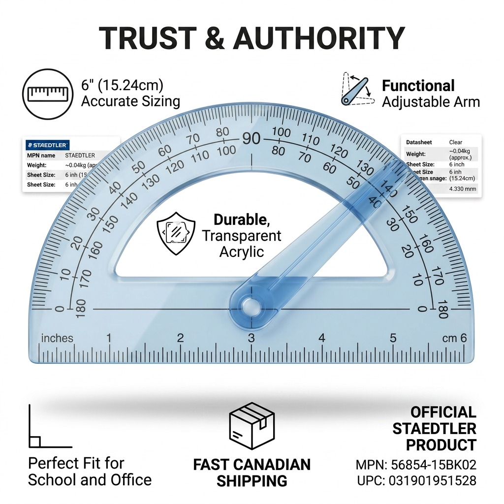 PDP visual matrix infographic for STAEDTLER 6" Protractor, highlighting product specifications and trust factors.