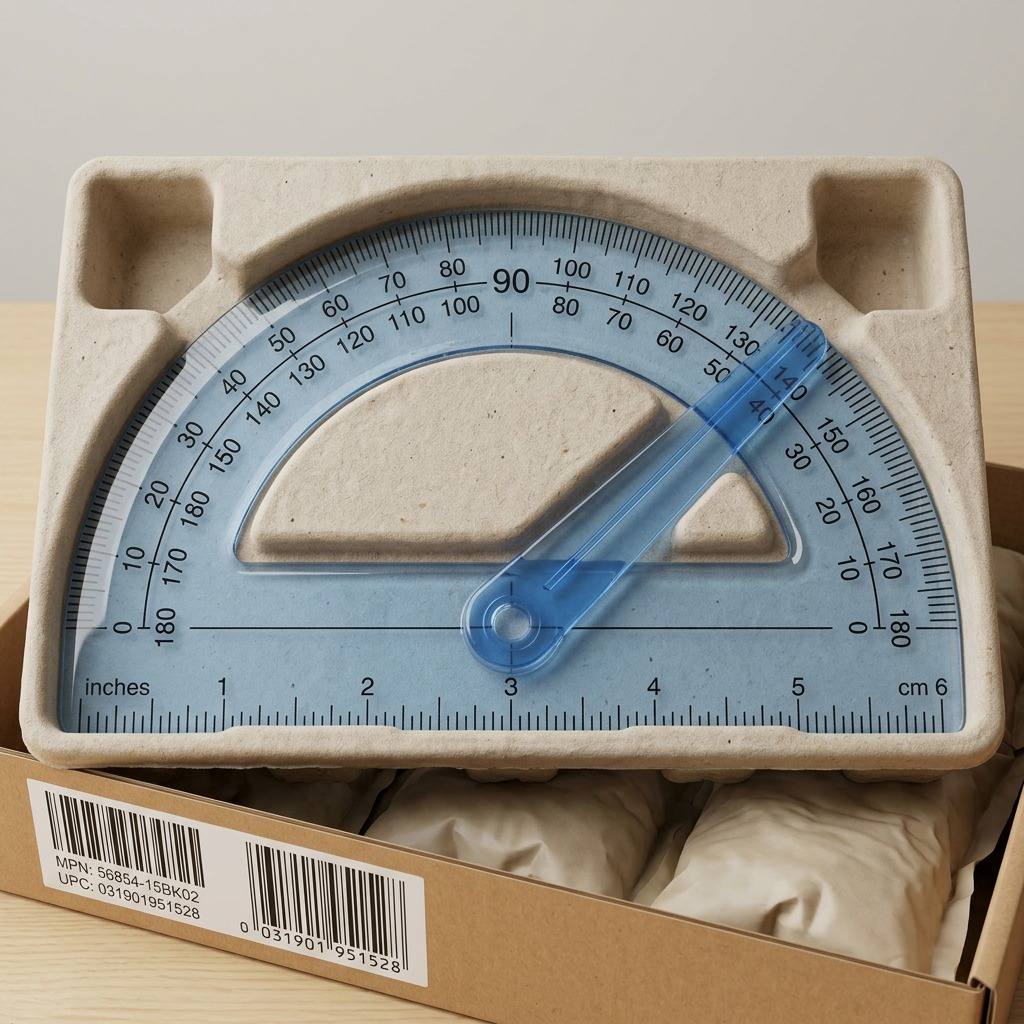 A realistic, detailed rendering of the STAEDTLER Protractor 56854-15BK02 unboxing and protective delivery in protective materials.