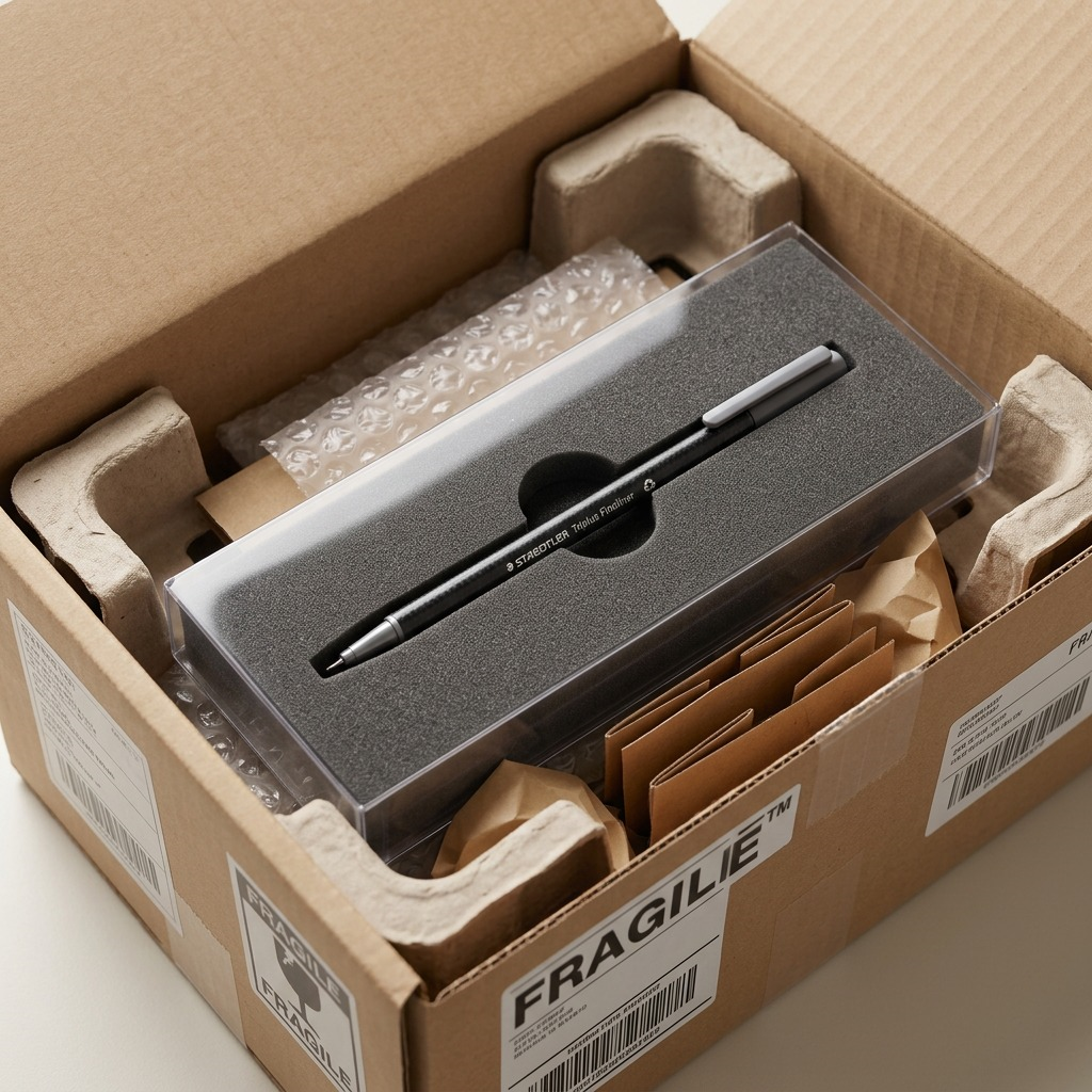 A Staedtler Triplus Fineliner, identical to image_0.png, is displayed within protective foam packaging, showing its safe arrival.