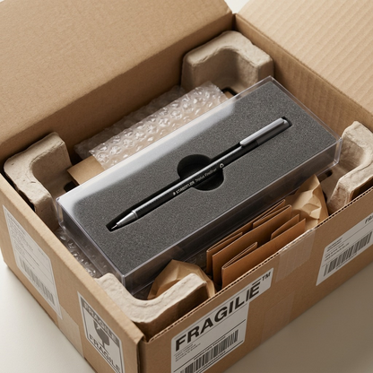 A Staedtler Triplus Fineliner, identical to image_0.png, is displayed within protective foam packaging, showing its safe arrival.
