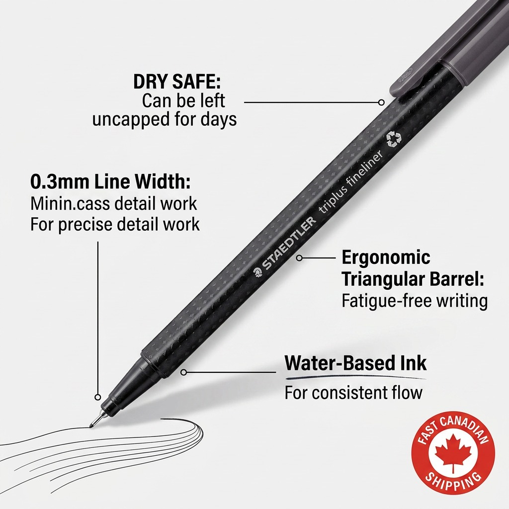 A product feature callout image for the STAEDTLER triplus fineliner showing its fine tip, line width, ergonomic grip, and fast Canada shipping.