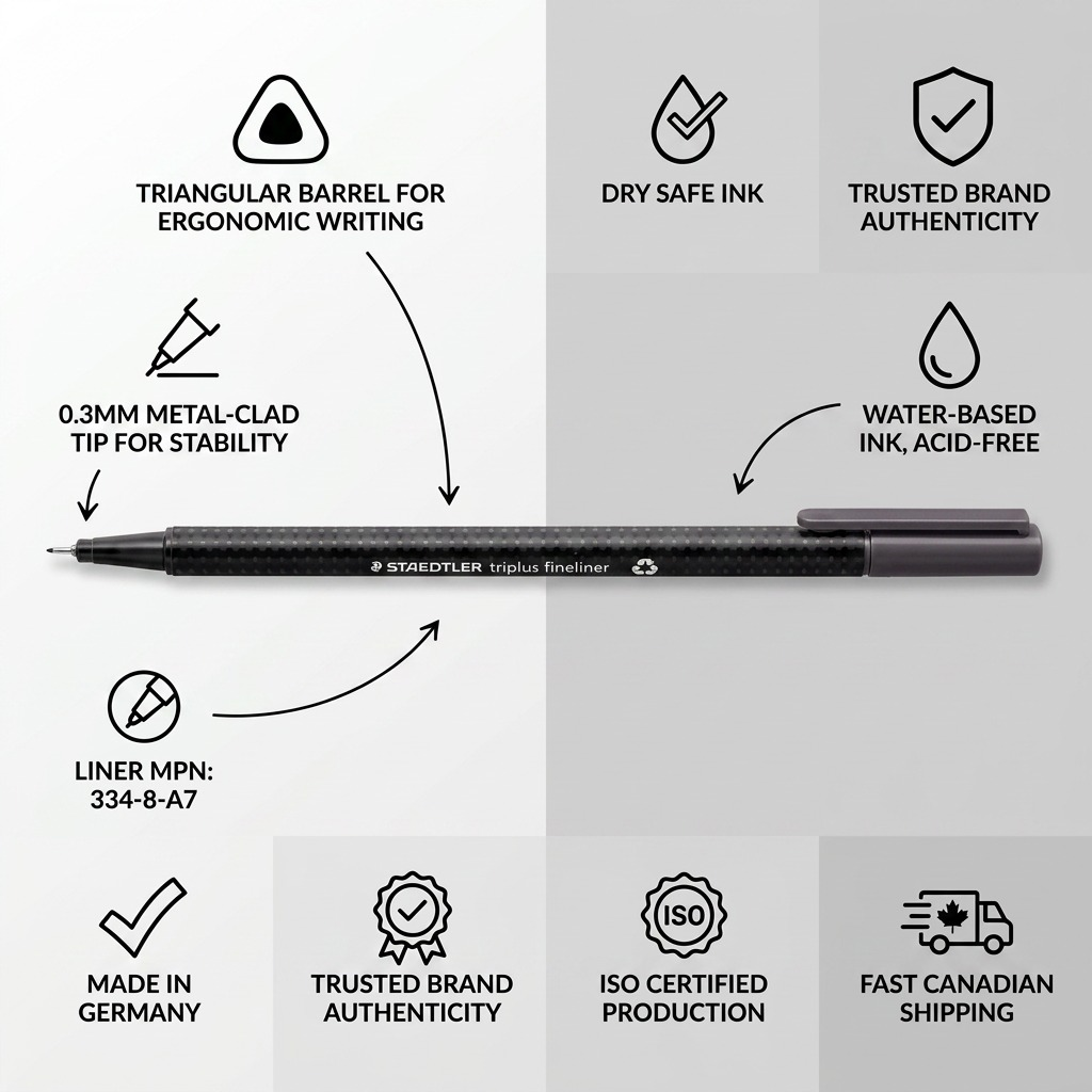 Infographic highlighting key features and quality standards for the STAEDTLER triplus fineliner.