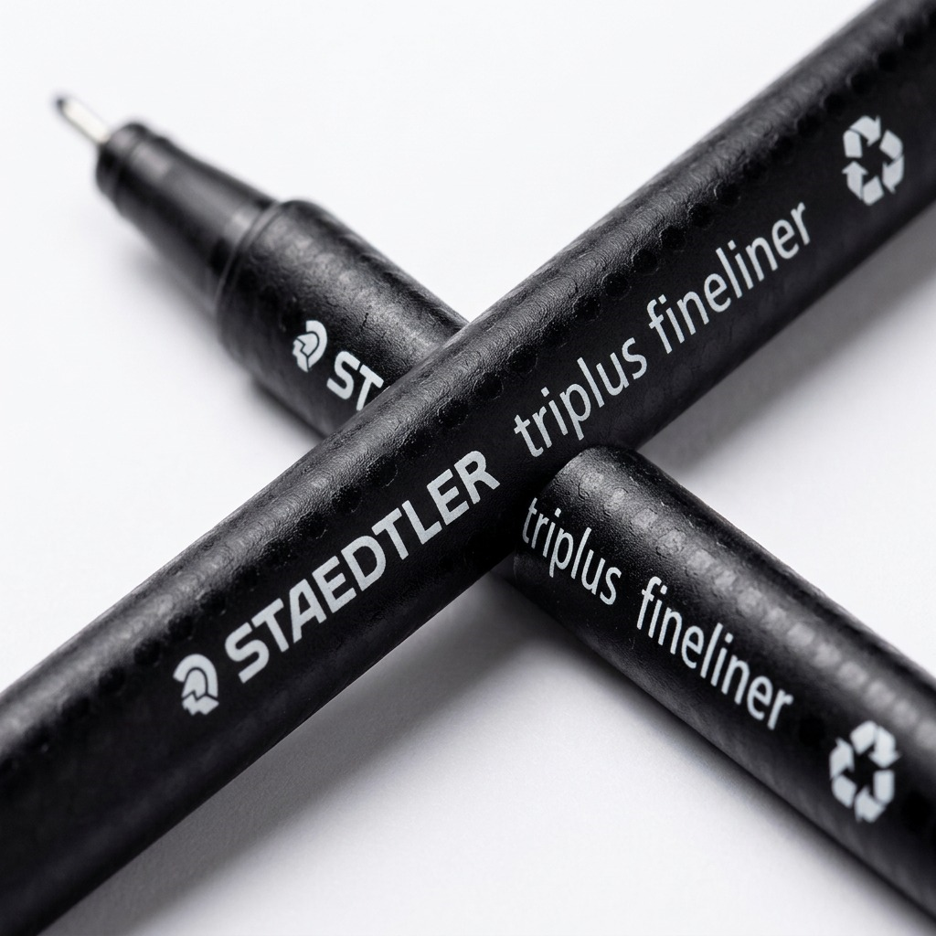 Macro detail shot focuses on the printed text and barrel texture of the black Staedtler fineliner.