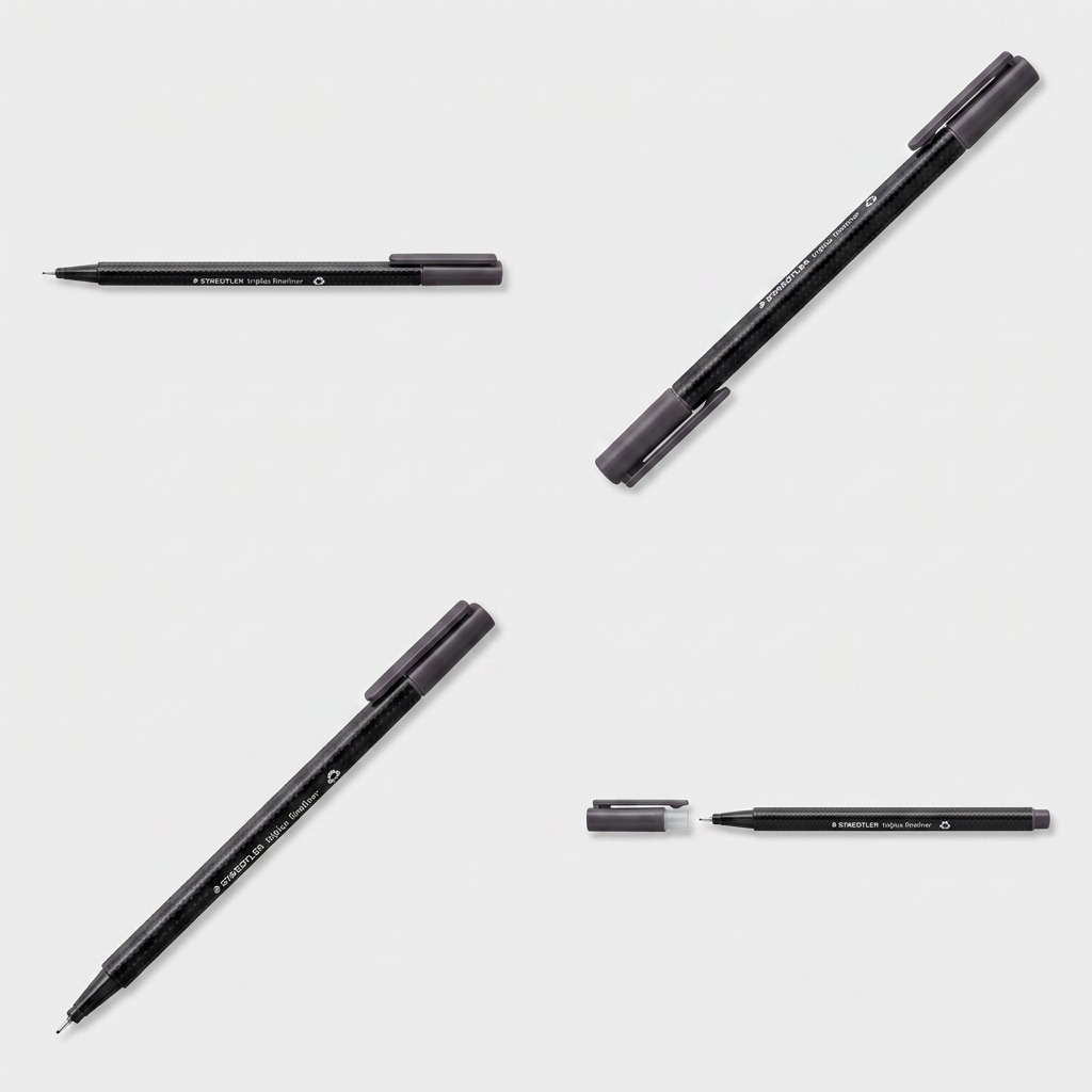 A matrix of standard black fineliners, identical to the canonical product, displayed from top, bottom, and three-quarter angles in a grid on a light grey background.