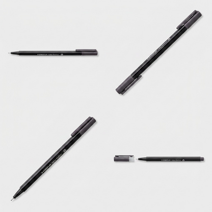 A matrix of standard black fineliners, identical to the canonical product, displayed from top, bottom, and three-quarter angles in a grid on a light grey background.