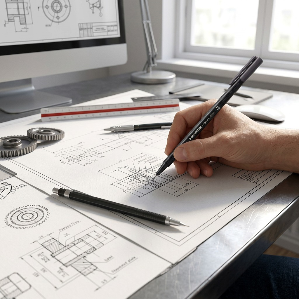 A lifestyle photo showing the black triplus fineliner pen from image_0.png in use for technical illustration. The pen is held by a hand over detailed blueprints with mechanical gears, fine-tip lines, and technical markings. A architectural ruler and drafting tools are on the clean canvas desk. Text "STAEDTLERtriplus fineliner" and the recycled logo are clearly visible. Natural daylight from a nearby window. High-resolution shot focused on the pen and drawings.