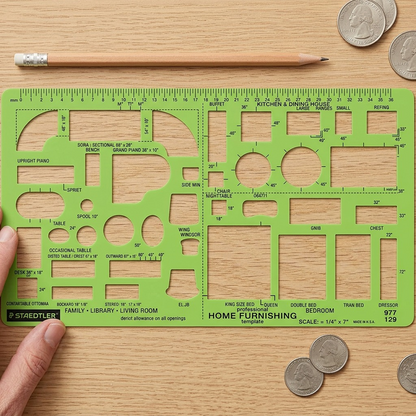 Scale comparison of the green STADETLER home furnishing template beside an adult male's hand.