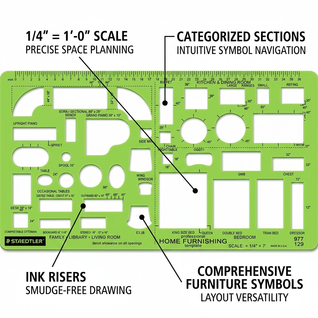 An ecommerce infographic callout showing the STAEDTLER home furnishing template (977 129) with pointer lines highlighting its 1/4" scale, categorized furniture symbols, and ink risers.