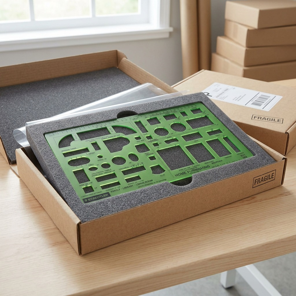 A STAEDTLER home furnishing template inside custom protective foam packaging.