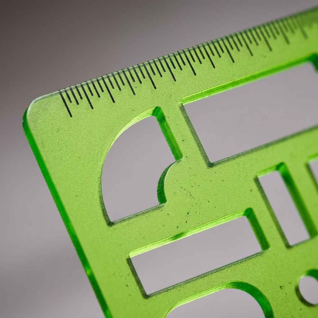 An extreme macro shot showing the fine millimeter ruler and sofa cutouts on the STAEDTLER home furnishing template.