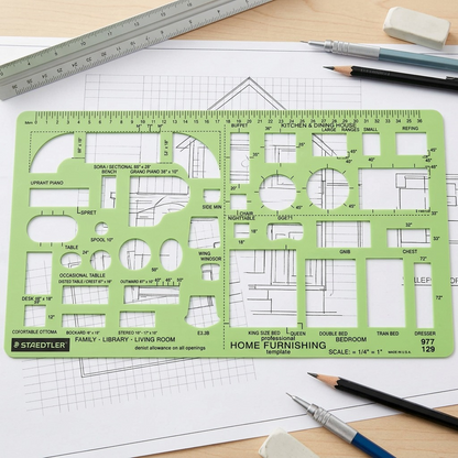 An architect's green Staedtler furniture template rests on a realistic blueprint, surrounded by pencils and a ruler, illustrating precise home planning.