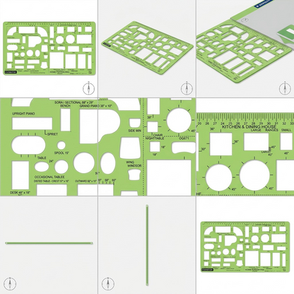 A PDP visual matrix displaying the STAEDTLER Home Furnishing template from different useful angles. The grid includes top-down, tilted close-up, perspective, and side profile views against a clean white background. No text or additional logos are included.