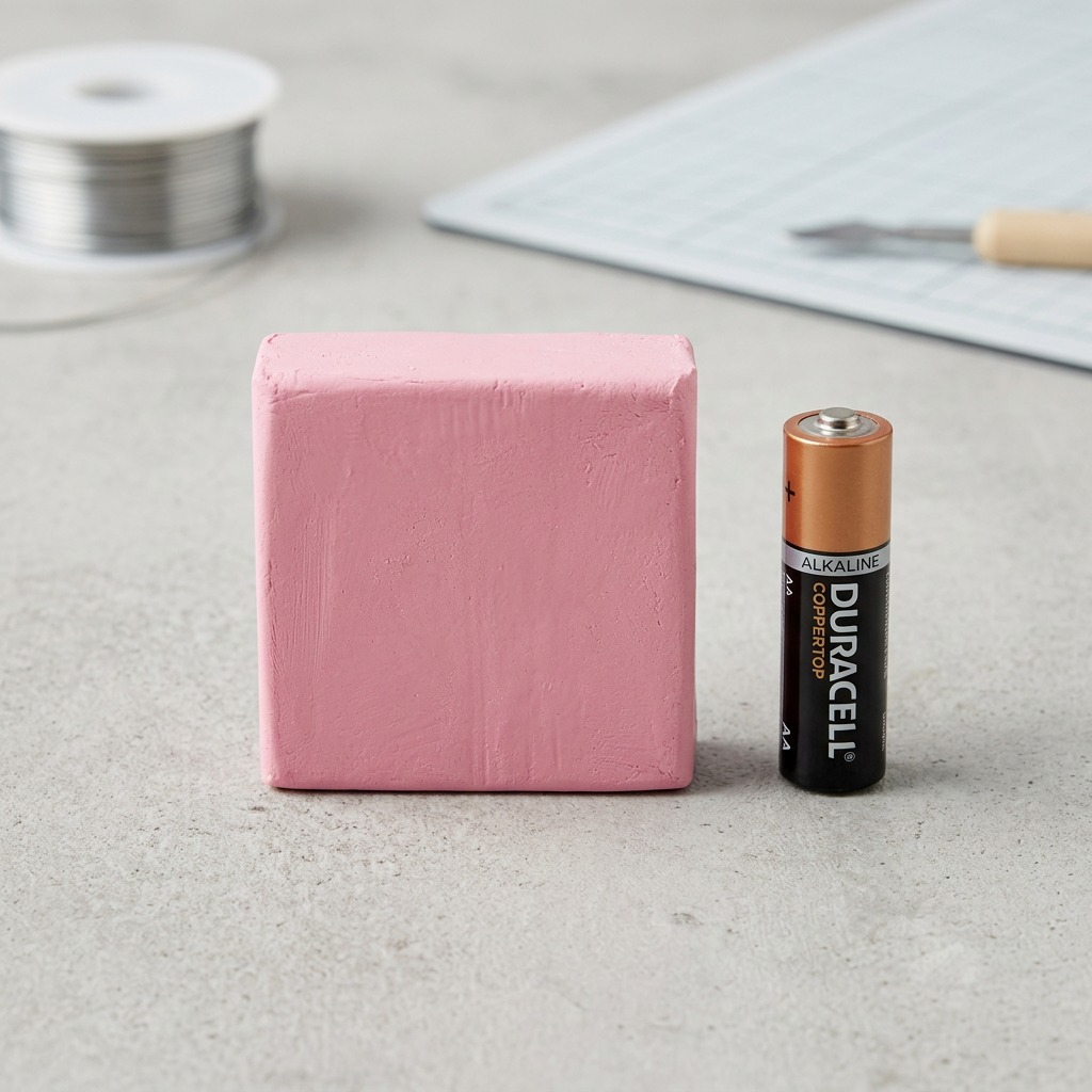 A clean, product-led image showing the STAEDTLER Fimo Effect Rose Quartz clay block next to a standard AA battery.